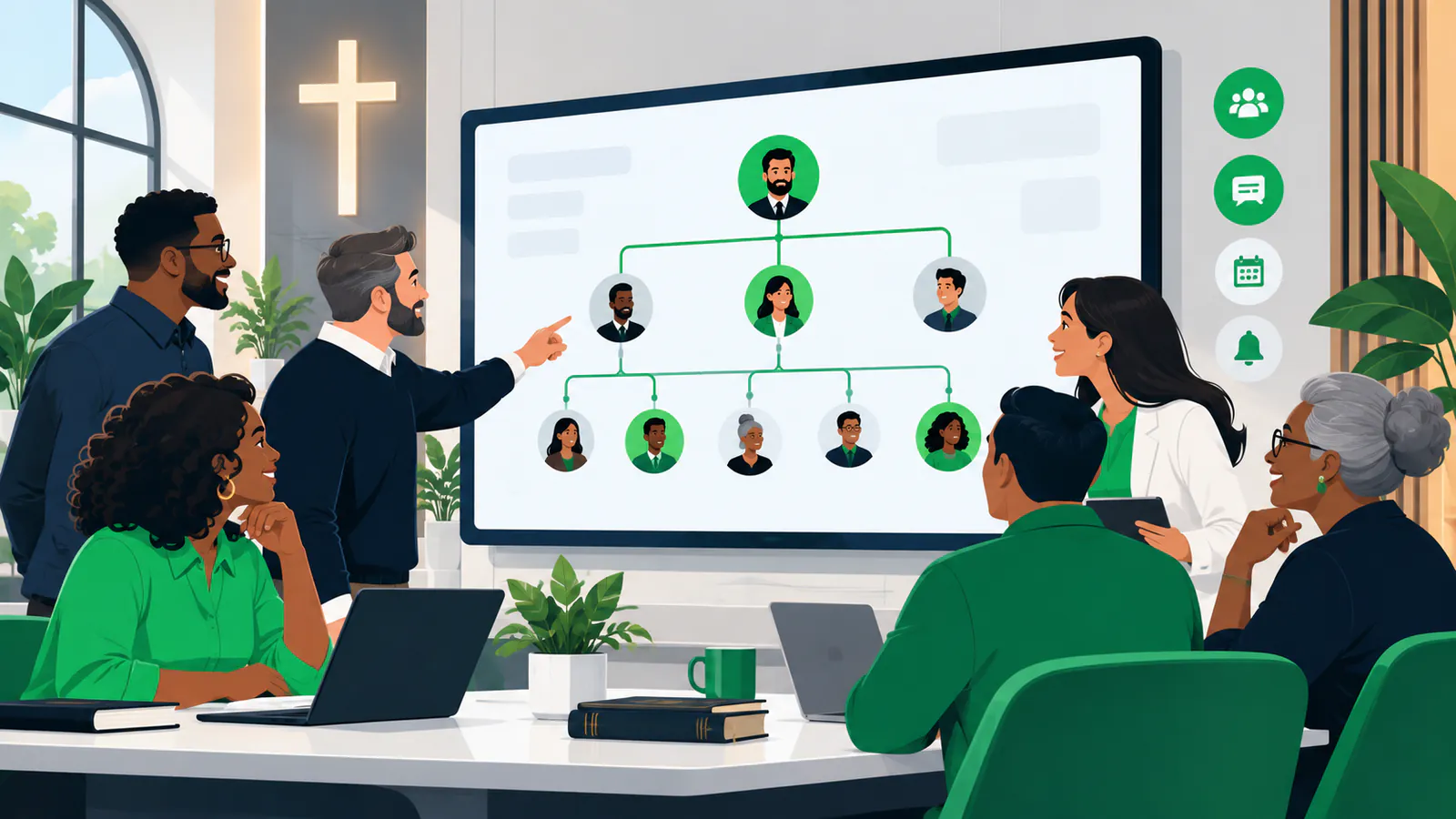 Equipe de liderança analisando o organograma de comunicação da congregação