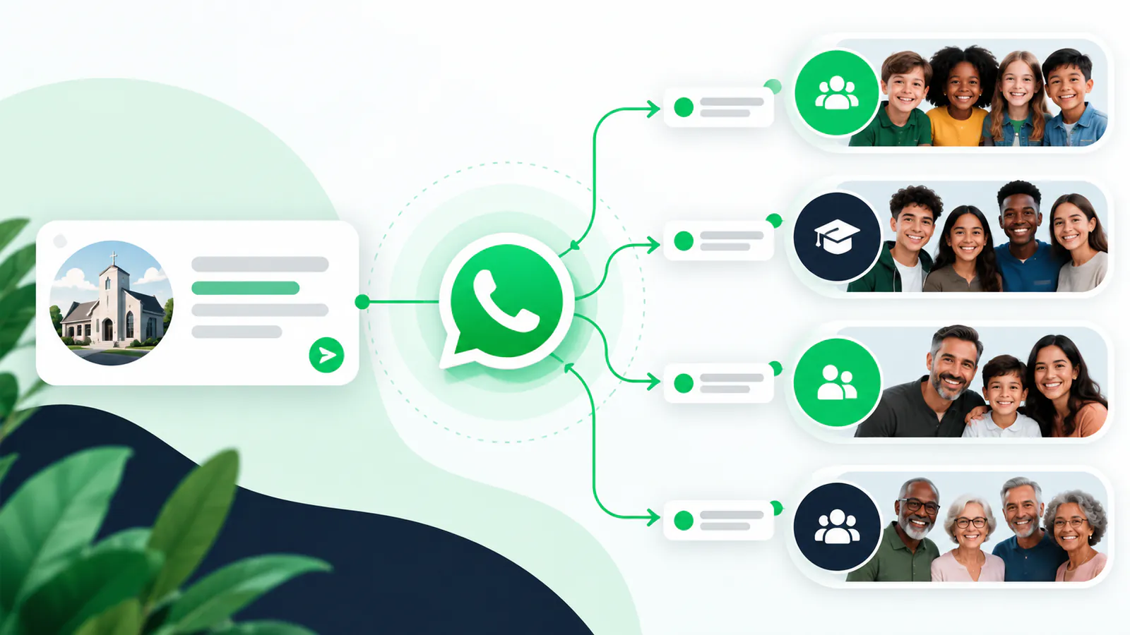 Ilustração mostrando o roteamento inteligente de uma mensagem para múltiplos grupos específicos